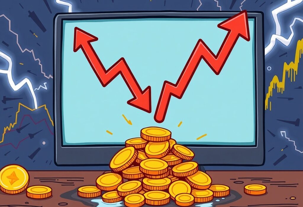 An illustration of market volatility and crypto perpetual futures liquidation impacting digital assets like Bitcoin and Ethereum.
