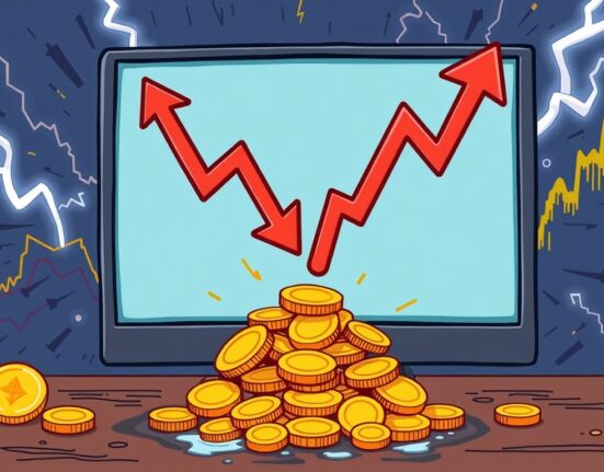 An illustration of market volatility and crypto perpetual futures liquidation impacting digital assets like Bitcoin and Ethereum.