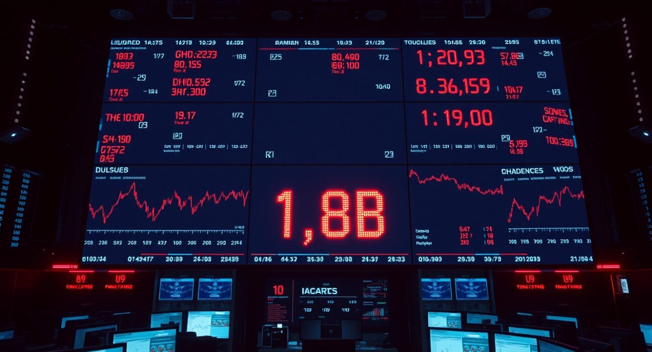 Digital trading board showing $1.8 billion in crypto liquidations with red charts and data