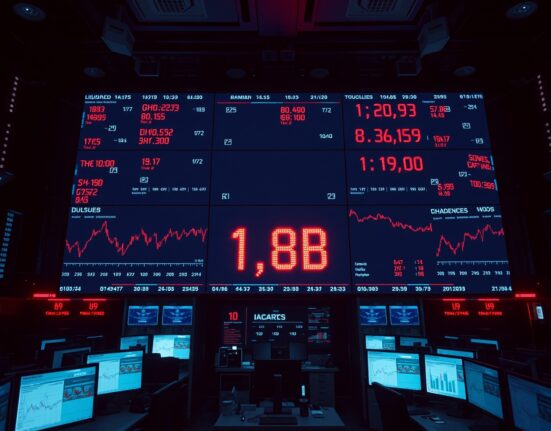 Digital trading board showing $1.8 billion in crypto liquidations with red charts and data
