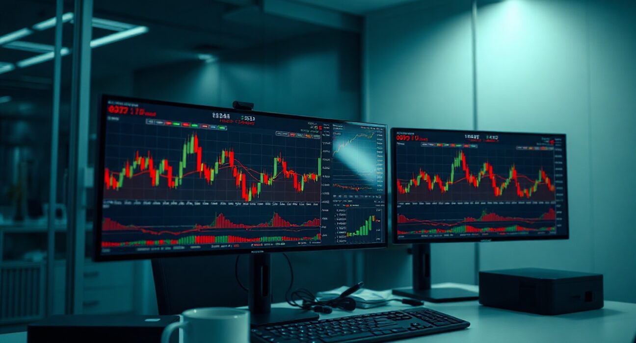 Trading desk monitors showing crypto liquidation data and candlestick charts