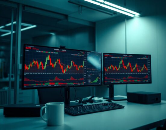 Trading desk monitors showing crypto liquidation data and candlestick charts