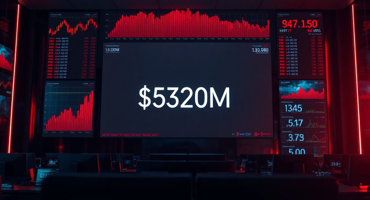 Red liquidation dashboard on a trading floor screen showing over $320 million in crypto futures liquidated in 24 hours.