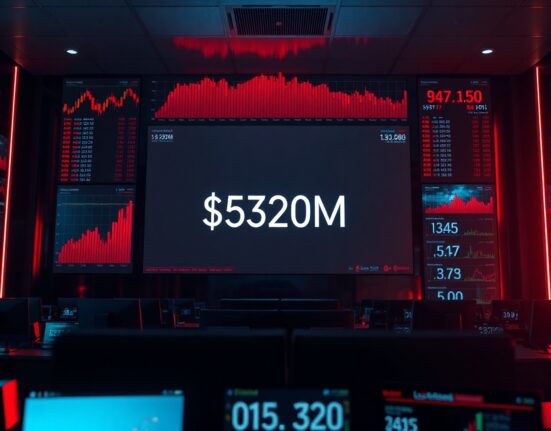 Red liquidation dashboard on a trading floor screen showing over $320 million in crypto futures liquidated in 24 hours.