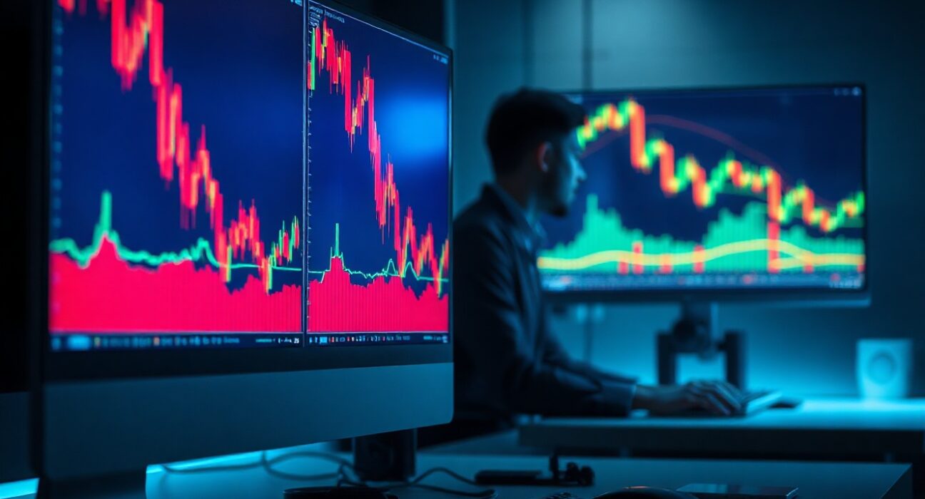 Trading desk monitors showing red candlestick charts indicating market downturn and liquidations