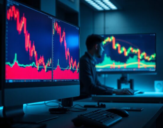 Trading desk monitors showing red candlestick charts indicating market downturn and liquidations