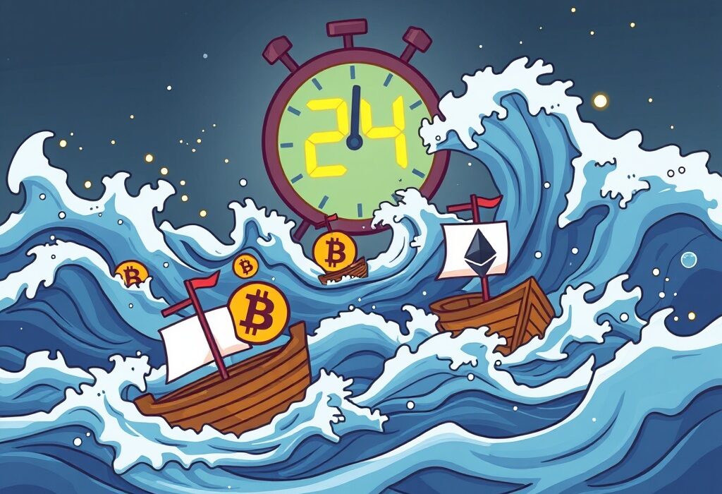 A vivid cartoon showing the impact of crypto liquidations on long positions, with digital assets navigating turbulent market waves.