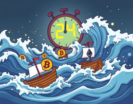 A vivid cartoon showing the impact of crypto liquidations on long positions, with digital assets navigating turbulent market waves.