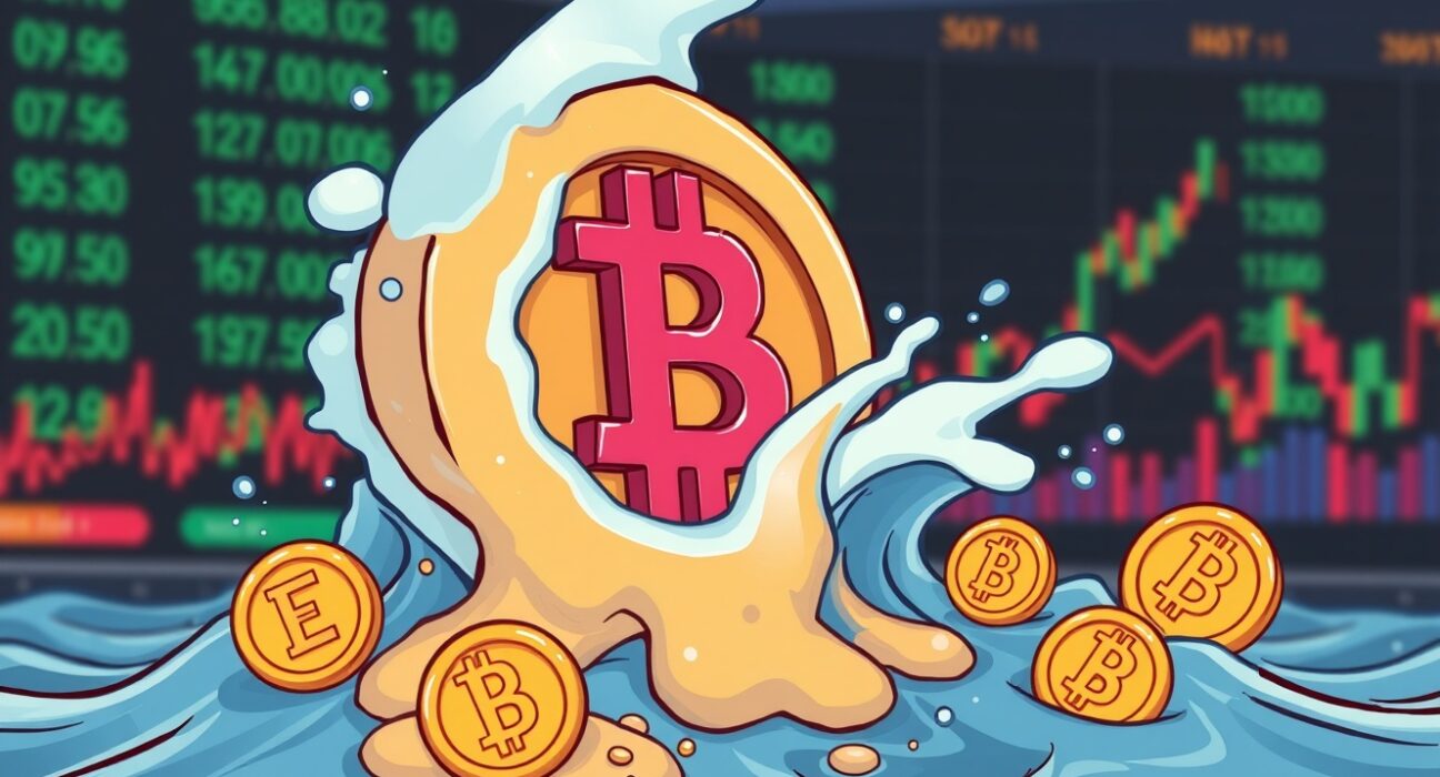 A cartoon illustration depicting crypto liquidations impacting various digital assets, with ETH prominently affected.