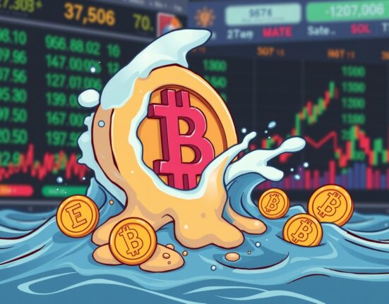 A cartoon illustration depicting crypto liquidations impacting various digital assets, with ETH prominently affected.