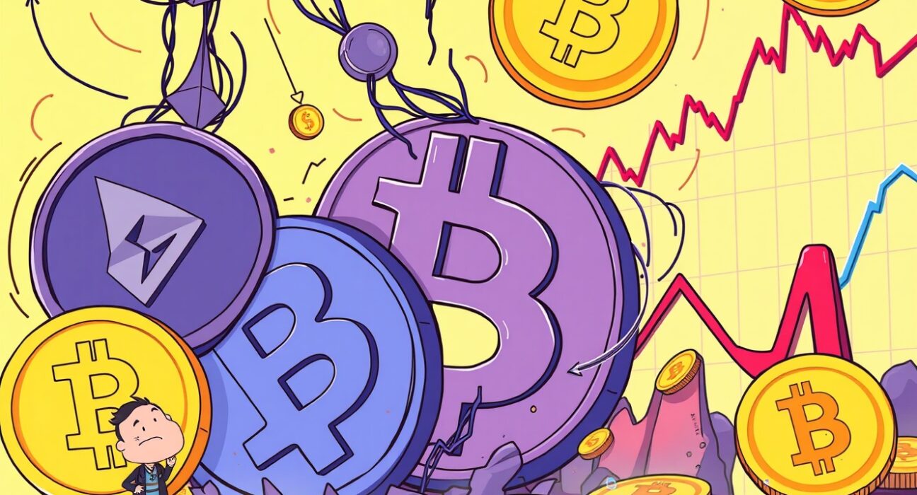 A cartoon illustration showing digital assets like ETH and BTC plummeting, symbolizing the significant crypto liquidations event.