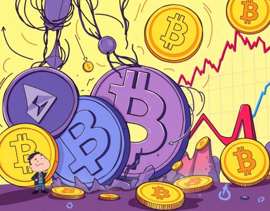 A cartoon illustration showing digital assets like ETH and BTC plummeting, symbolizing the significant crypto liquidations event.