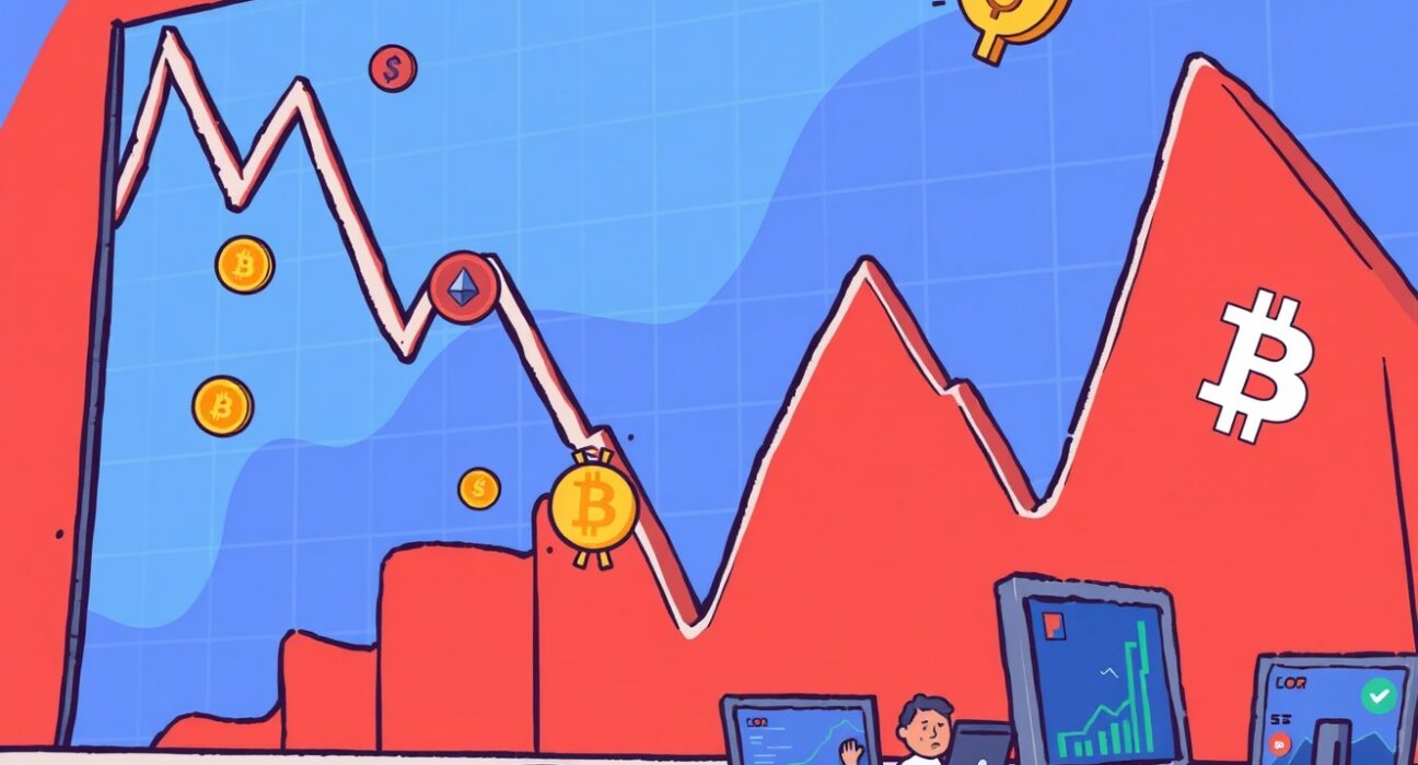 Cartoon illustration of a volatile crypto market showing sharp drops, representing significant crypto liquidations led by Ethereum.