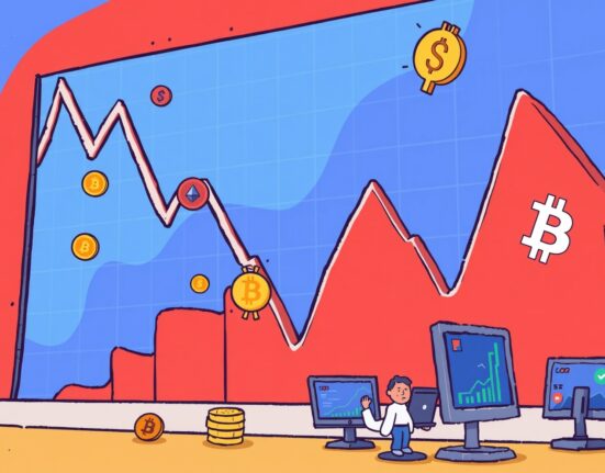 Cartoon illustration of a volatile crypto market showing sharp drops, representing significant crypto liquidations led by Ethereum.