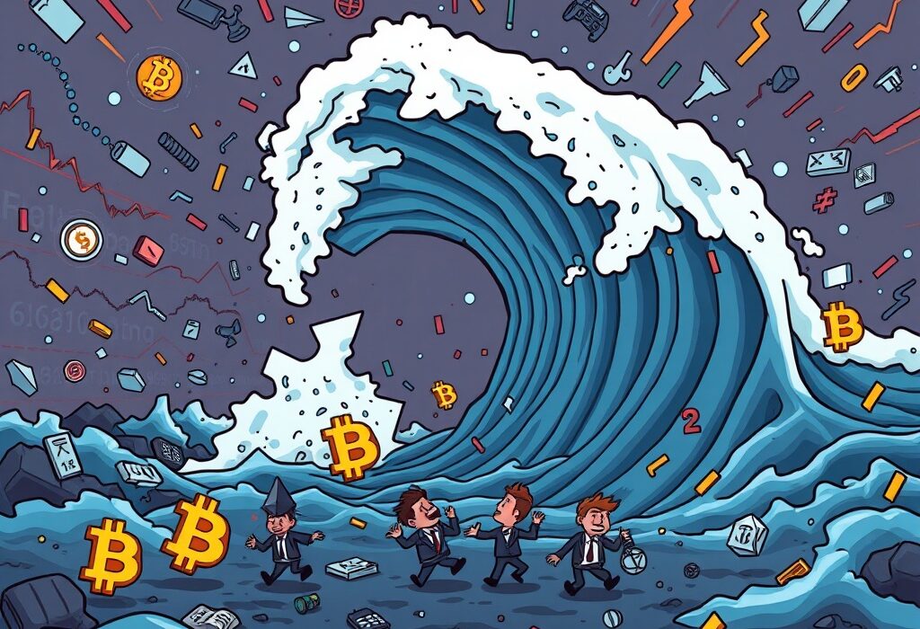 A vivid cartoon showing the sudden impact of crypto liquidations on traders and the market, symbolizing financial pressure.