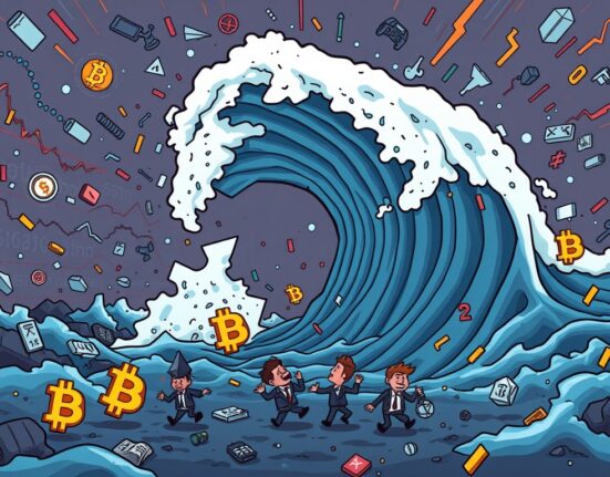 A vivid cartoon showing the sudden impact of crypto liquidations on traders and the market, symbolizing financial pressure.