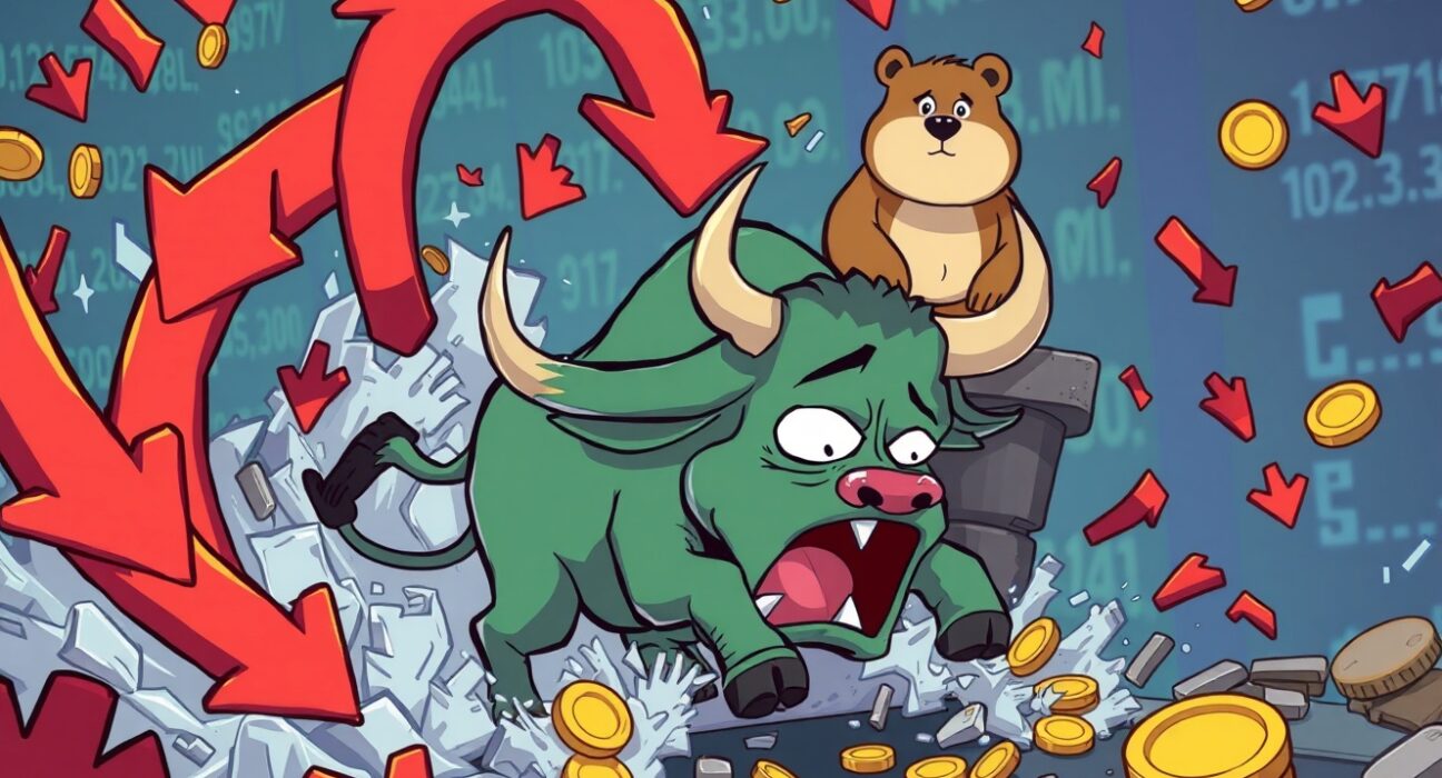 A cartoon illustrating the dramatic crypto liquidations event crushing bullish traders.