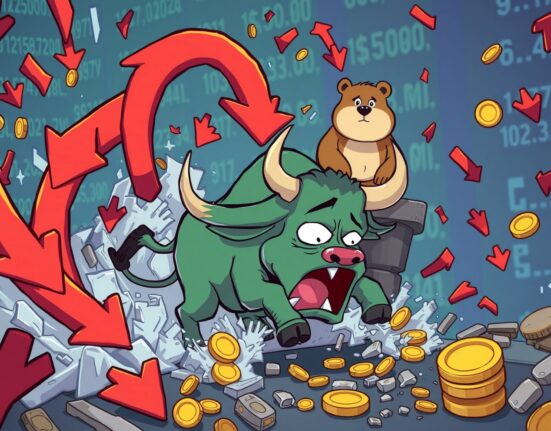 A cartoon illustrating the dramatic crypto liquidations event crushing bullish traders.