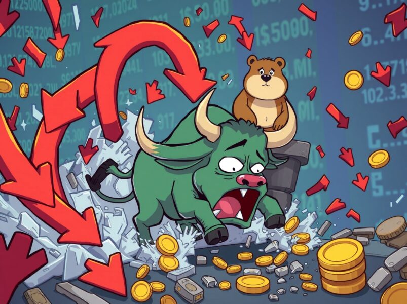 A cartoon illustrating the dramatic crypto liquidations event crushing bullish traders.