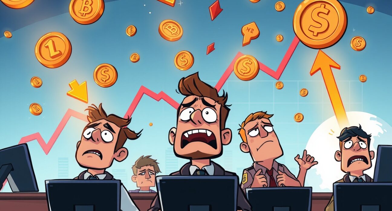 Dramatic crypto liquidations illustration showing traders watching cryptocurrency prices collapse with falling coins and charts