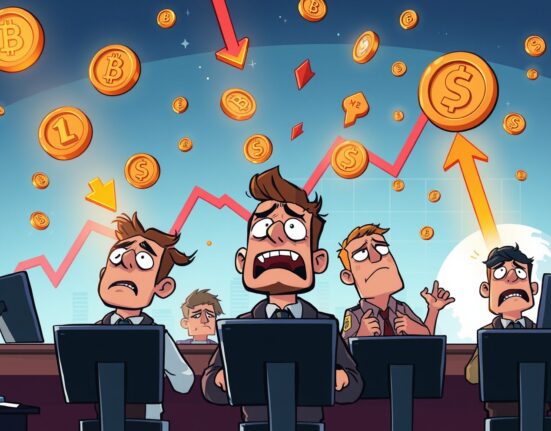 Dramatic crypto liquidations illustration showing traders watching cryptocurrency prices collapse with falling coins and charts