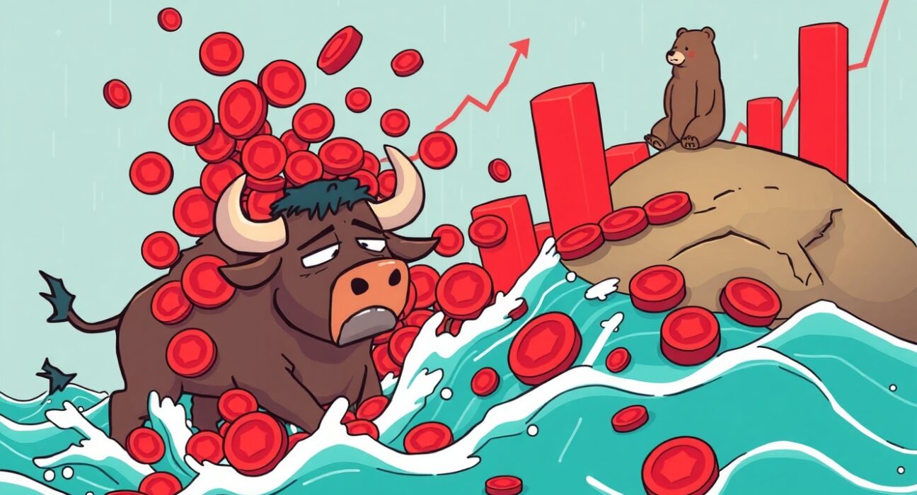 A cartoon bull overwhelmed by a wave of crypto liquidations in a vibrant market scene.