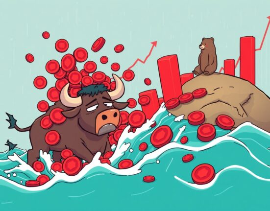 A cartoon bull overwhelmed by a wave of crypto liquidations in a vibrant market scene.