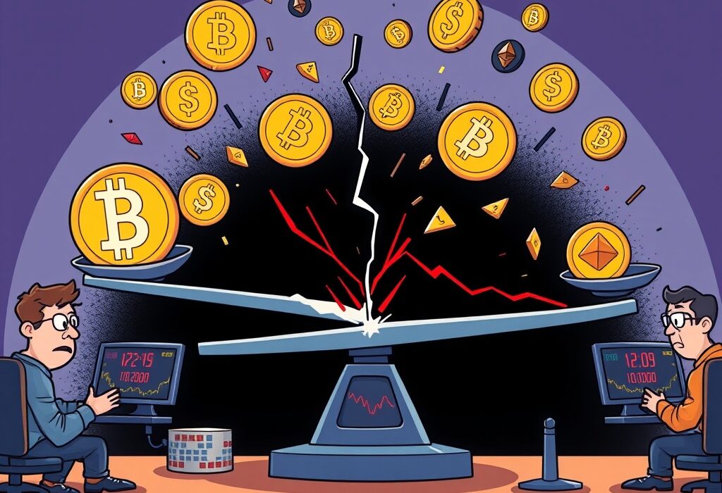 Cartoon showing crypto liquidations as digital coins rapidly fall from a broken scale, symbolizing sudden market loss.