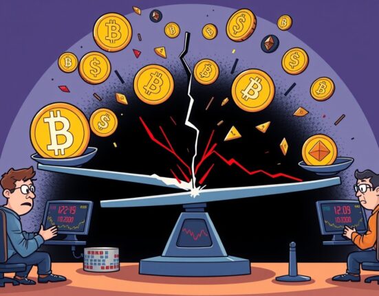 Cartoon showing crypto liquidations as digital coins rapidly fall from a broken scale, symbolizing sudden market loss.