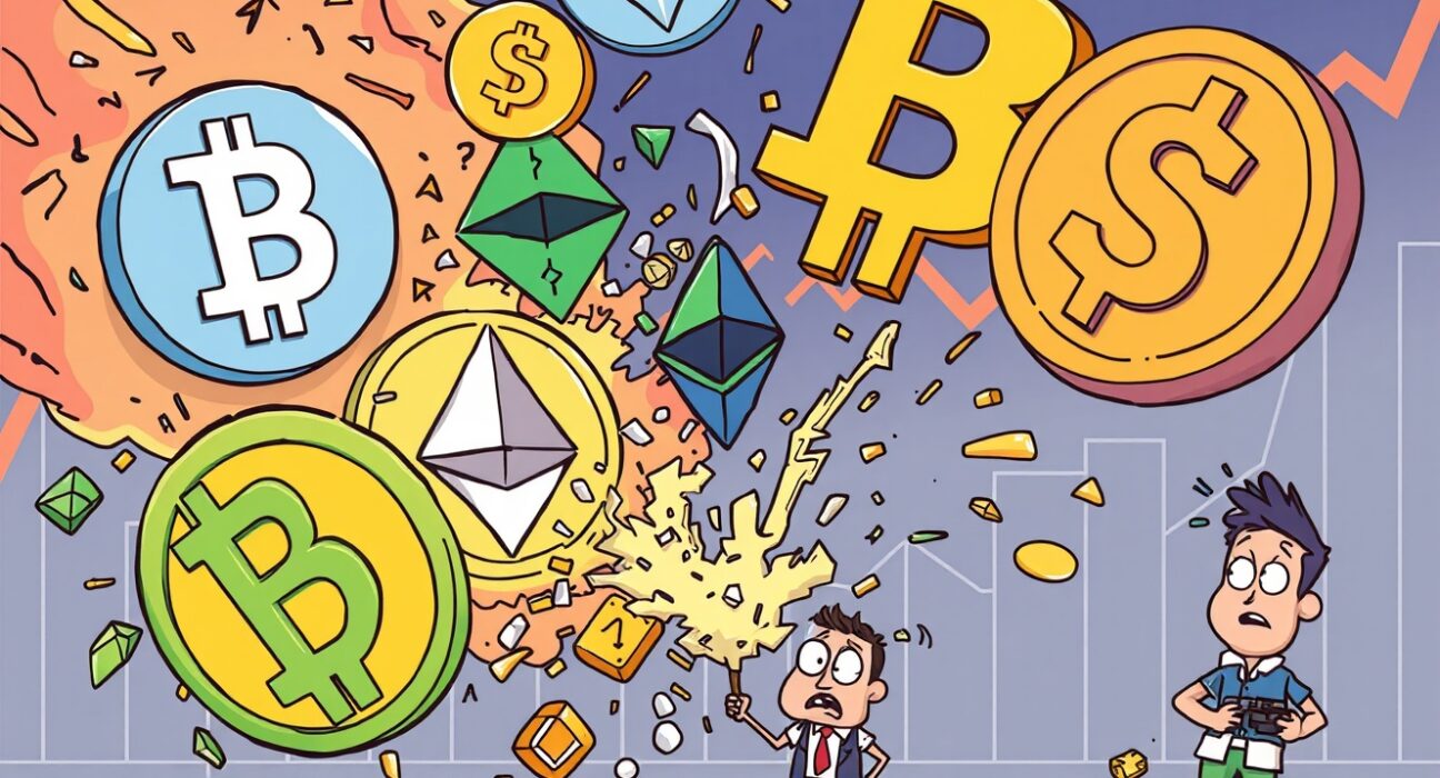 An illustration depicting the massive scale of crypto liquidations, showing digital assets vanishing and impacting traders.