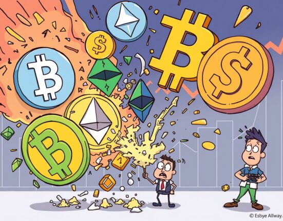 An illustration depicting the massive scale of crypto liquidations, showing digital assets vanishing and impacting traders.