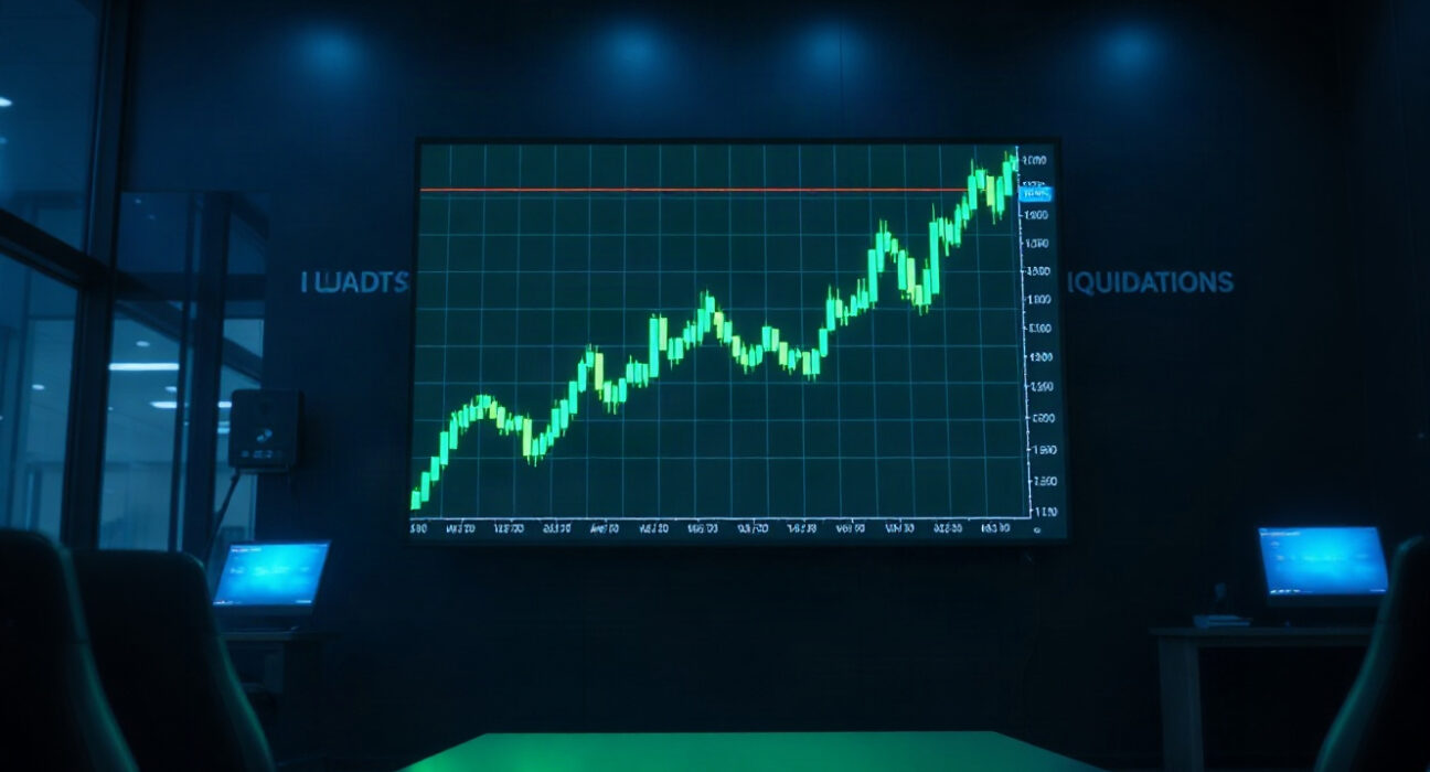 Digital trading screen showing a sharp upward green candlestick chart, representing crypto liquidations near $2 billion after a short squeeze.