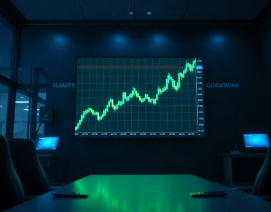 Digital trading screen showing a sharp upward green candlestick chart, representing crypto liquidations near $2 billion after a short squeeze.
