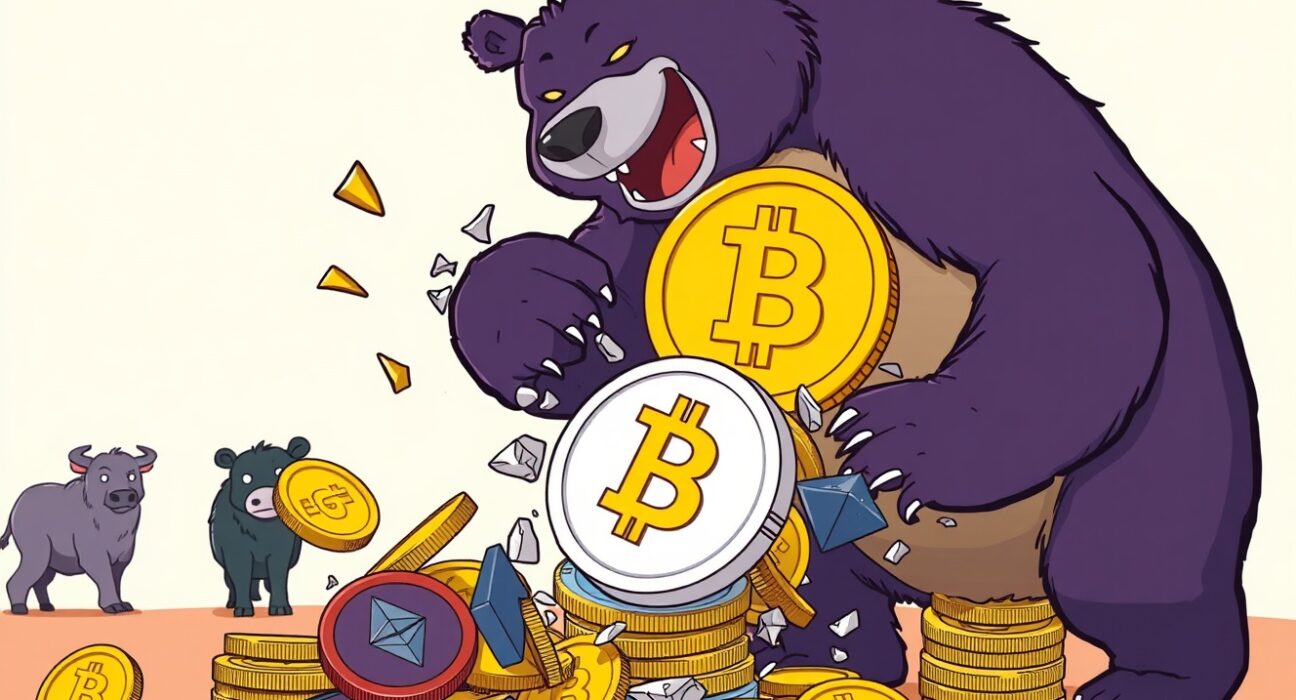 Cartoon illustration of dramatic crypto liquidations as a bear topples Bitcoin and Ethereum towers.