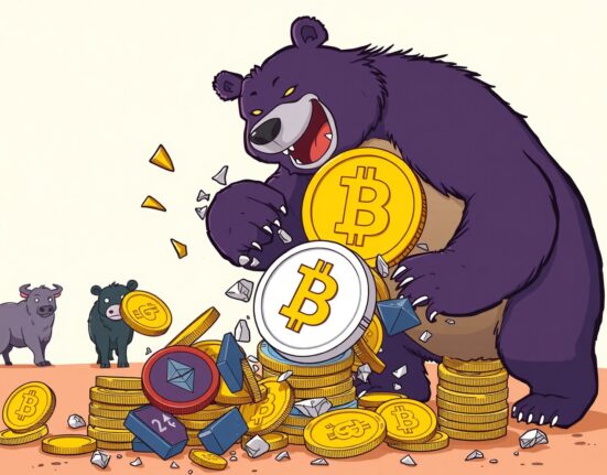 Cartoon illustration of dramatic crypto liquidations as a bear topples Bitcoin and Ethereum towers.