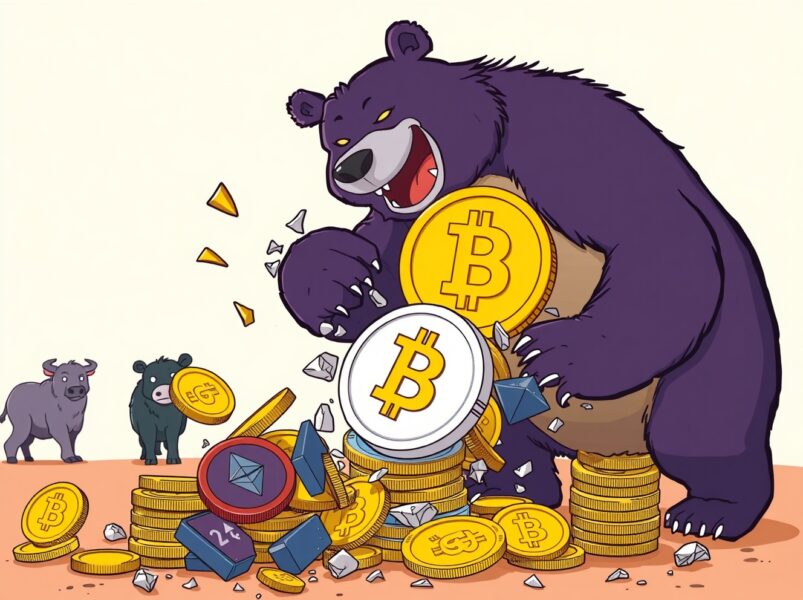 Cartoon illustration of dramatic crypto liquidations as a bear topples Bitcoin and Ethereum towers.