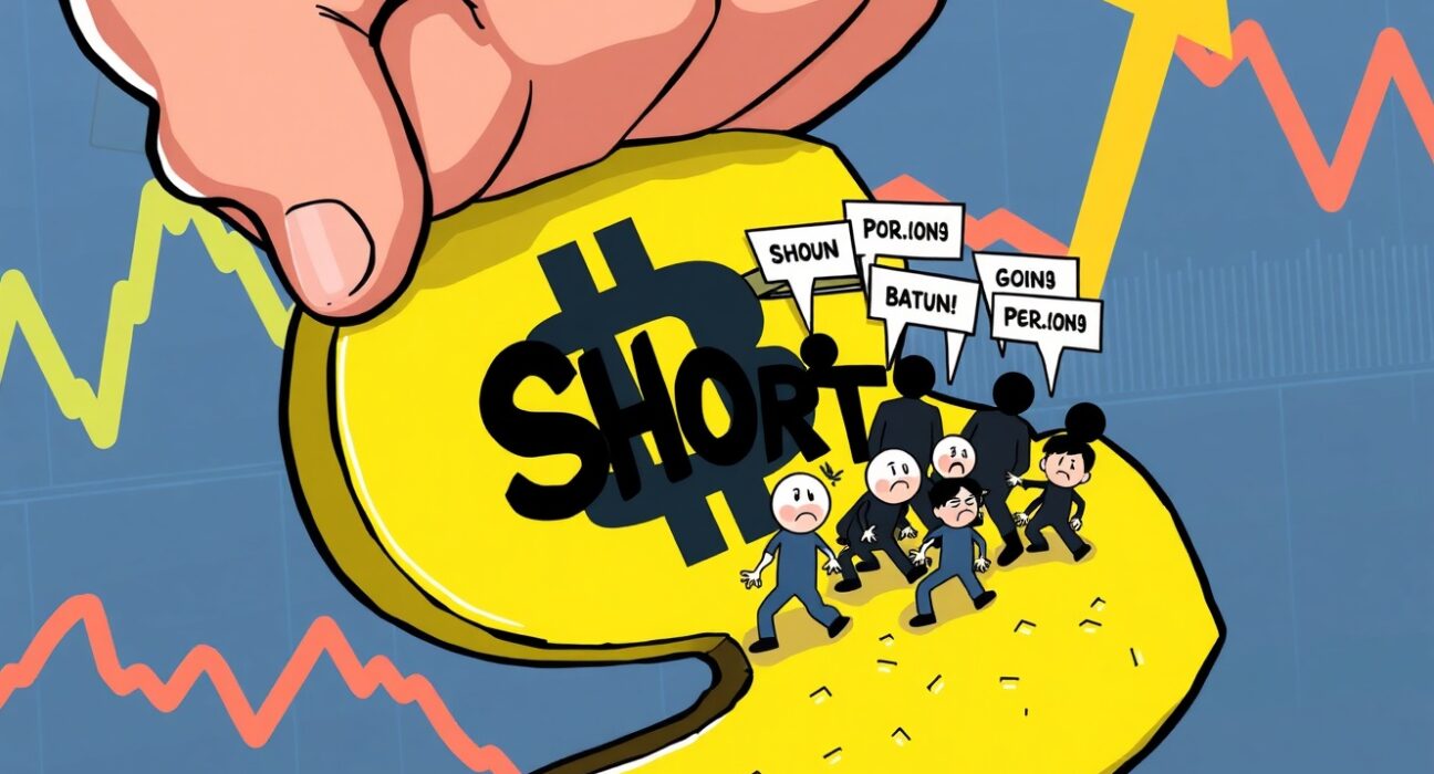 Cartoon showing 'Shorts' figures being squeezed by a market force, illustrating significant crypto liquidations and market volatility.