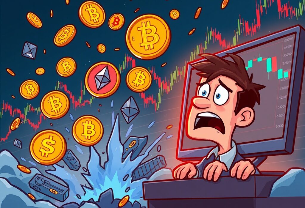 Cartoon illustration showing the sudden impact of crypto liquidations on traders and the market, symbolizing rapid financial losses.