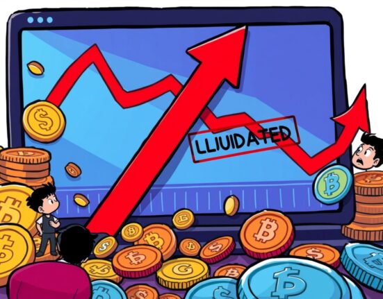 A chart showing a sharp decline, representing the massive crypto liquidations affecting traders in the market.