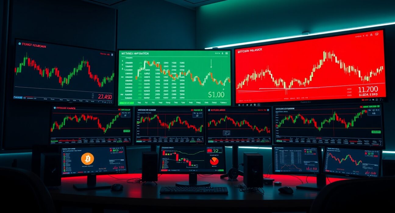 Trading desk monitors showing crypto liquidation data and price charts for Bitcoin and Ethereum
