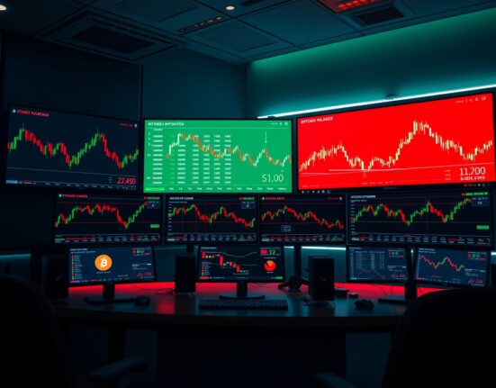 Trading desk monitors showing crypto liquidation data and price charts for Bitcoin and Ethereum