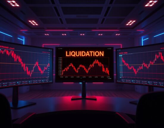 Crypto liquidations dashboard showing red alerts on a trading screen, illustrating the 24-hour market crash