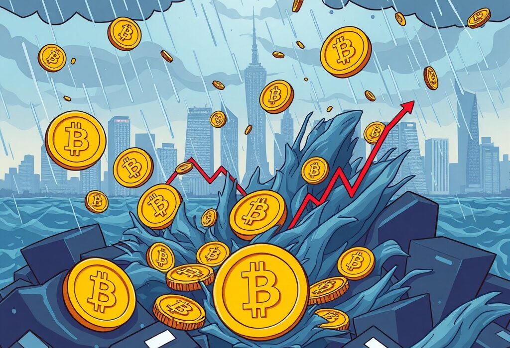 Cartoon showing a stormy crypto market with digital assets being swept away, illustrating massive crypto liquidations and their impact on traders.