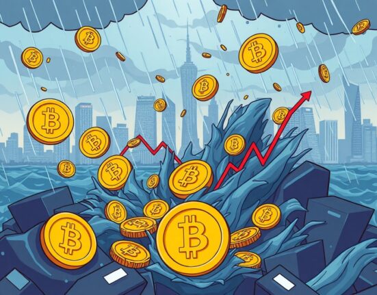 Cartoon showing a stormy crypto market with digital assets being swept away, illustrating massive crypto liquidations and their impact on traders.
