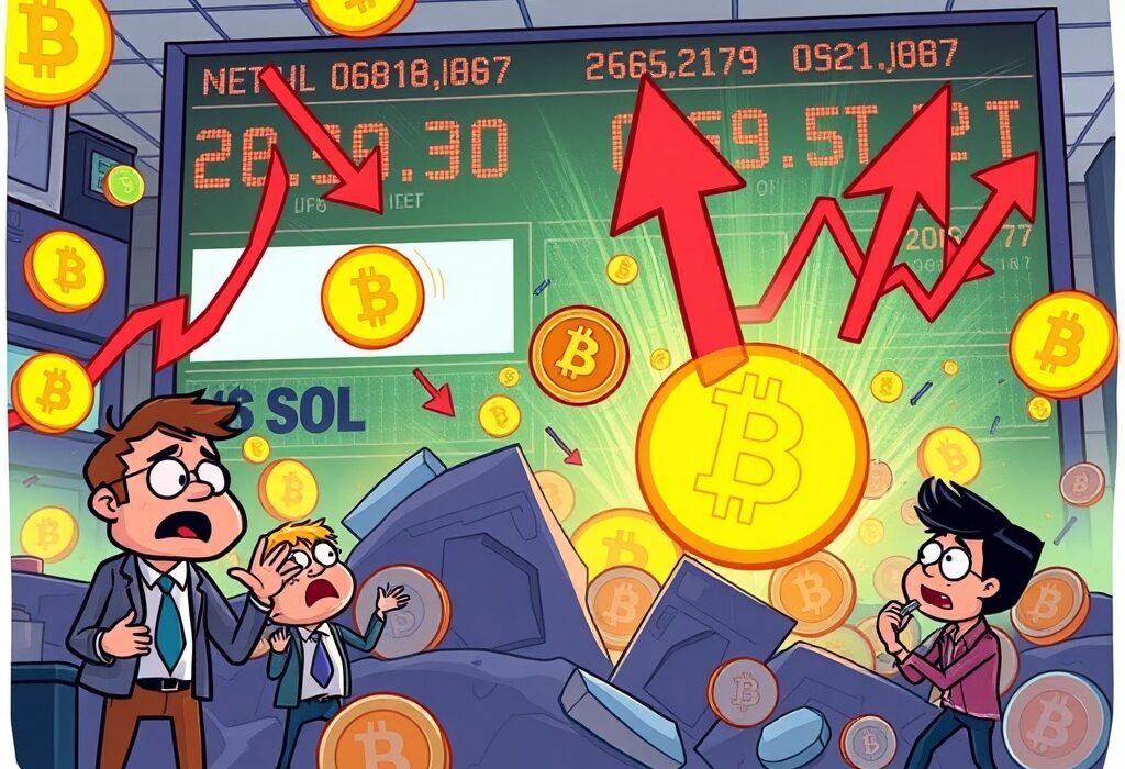 Cartoon illustration showing traders reacting to sudden crypto liquidations in perpetual futures markets, highlighting market volatility.