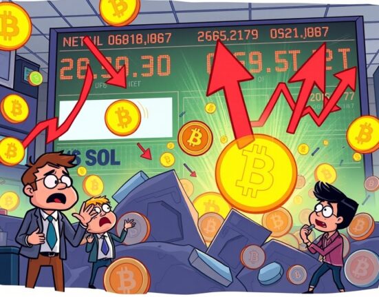 Cartoon illustration showing traders reacting to sudden crypto liquidations in perpetual futures markets, highlighting market volatility.