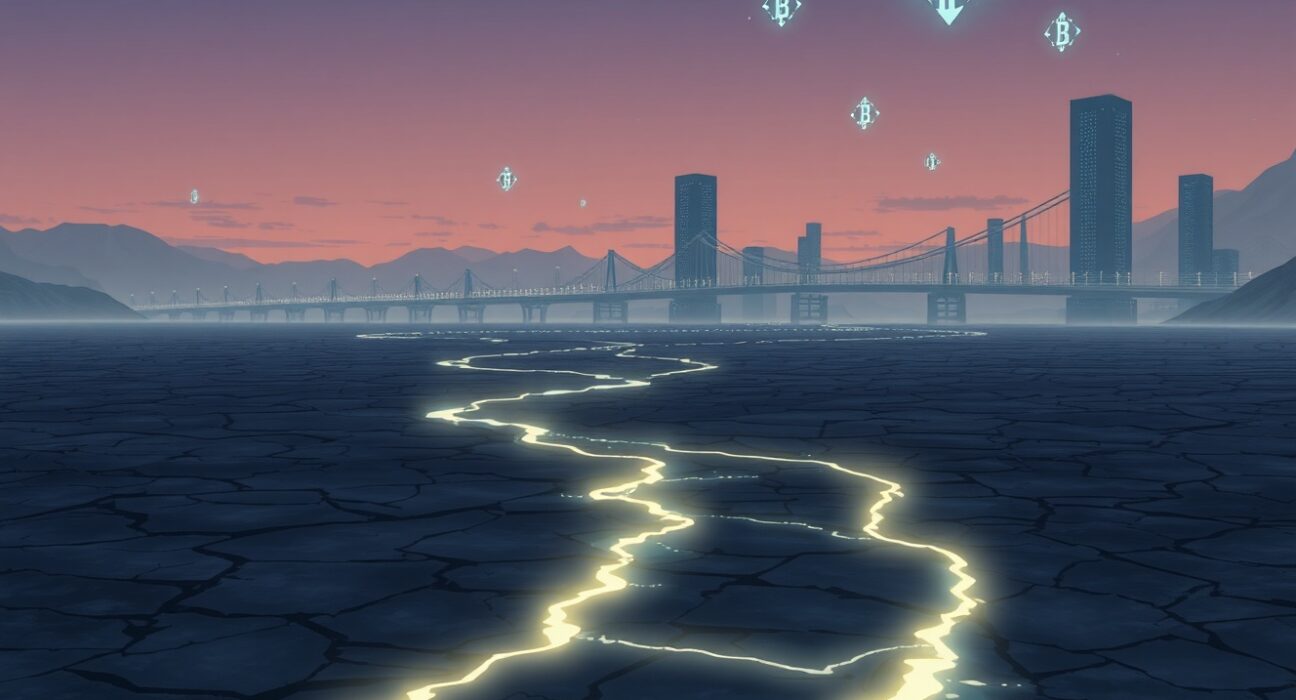 Conceptual art of the crypto liquidity crisis blocking institutional investment pathways.