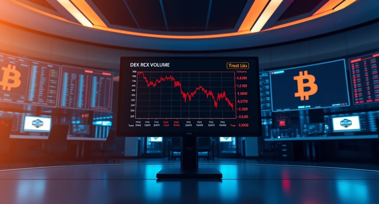 Trading floor monitors showing declining cryptocurrency charts and DEX volume data in dim blue lighting