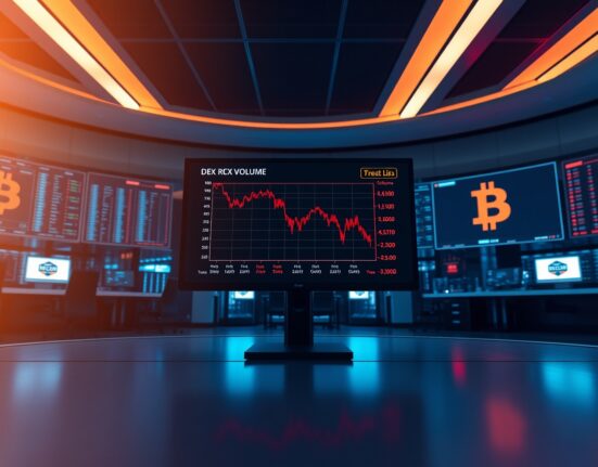 Trading floor monitors showing declining cryptocurrency charts and DEX volume data in dim blue lighting