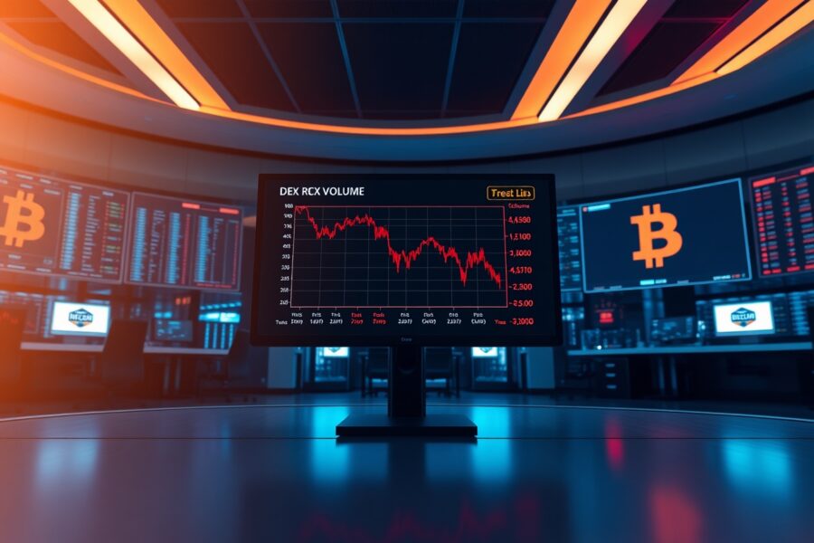 Trading floor monitors showing declining cryptocurrency charts and DEX volume data in dim blue lighting